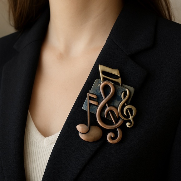 Vintage Jewelry - K & T Brooch Mixed Metal Vintage Music Notes 3” long 2” across